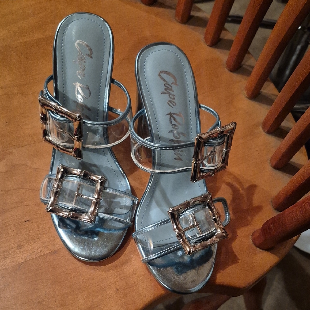 Cape Robbin Metallic Silver Clear Buckle Slide Heels